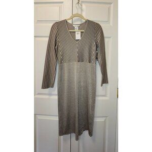New Exclusively Misook Gold Metallic V Neck Long Sleeve Midi Dress Size XS FLAW